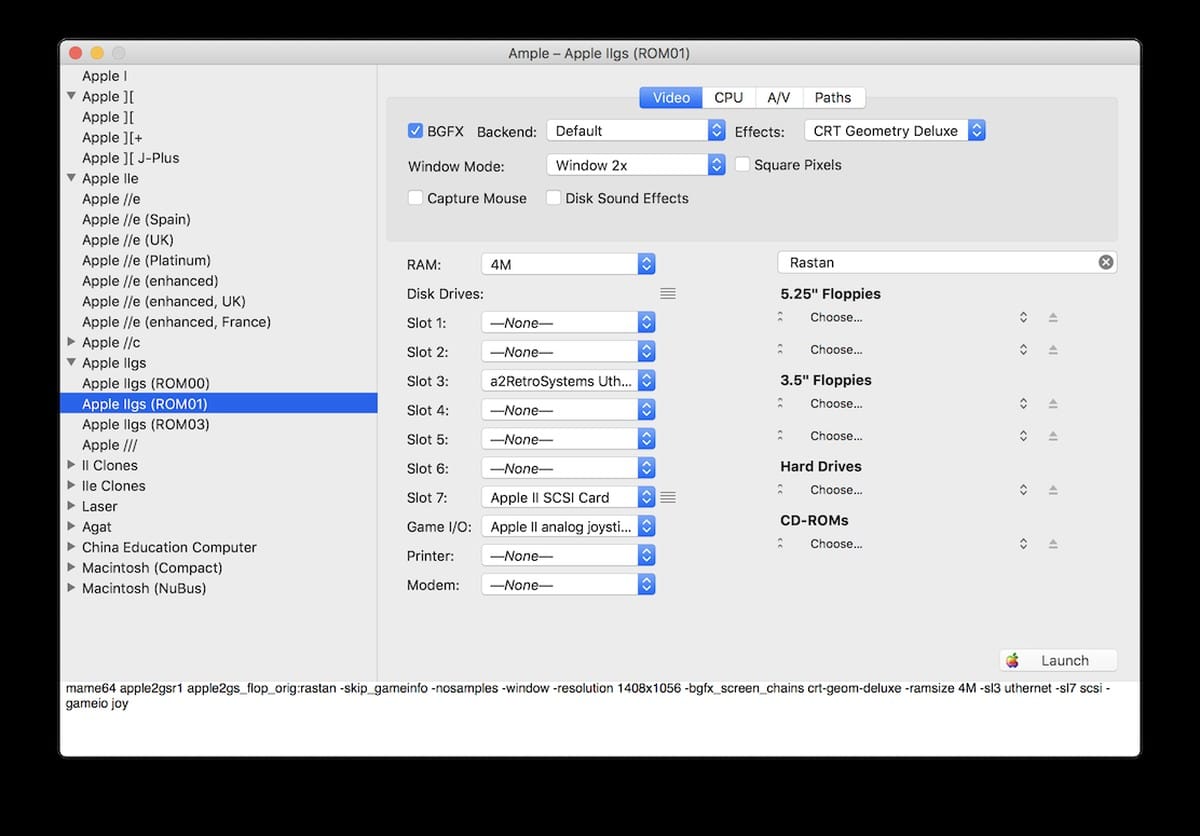 Screenshot of the Ample interface showing Apple II configuration options