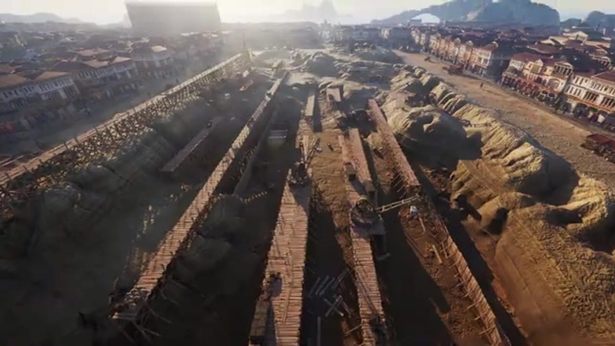 The massive construction site of the Hippodrome, showing scaffolding and earthworks.