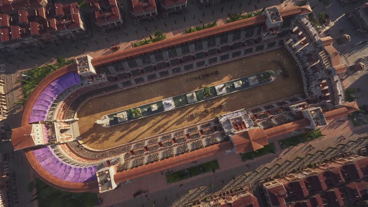 A top-down view of the completed Hippodrome, filled with spectators and ready for racing.