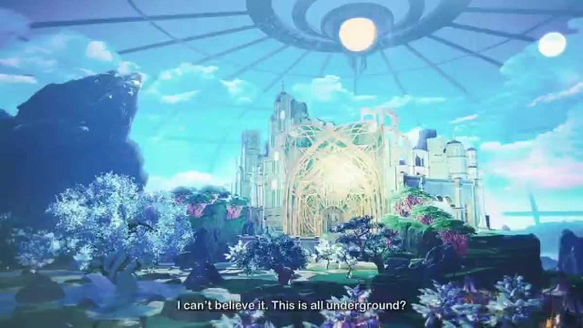 A wide shot of a massive, glowing castle and city located entirely underground.