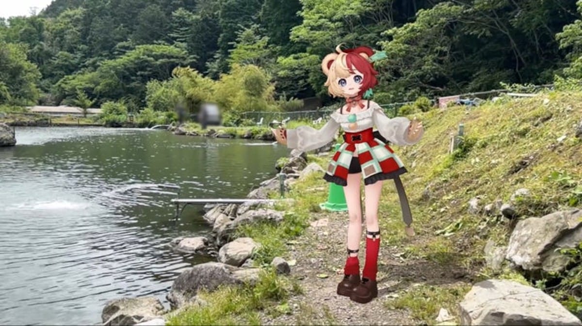 A split screen showing the real-time 3D rendering interface next to the final composited footage of the VTuber outdoors.