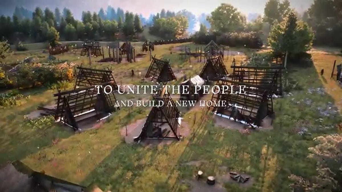 An overhead view of a growing settlement with various wooden structures under construction.