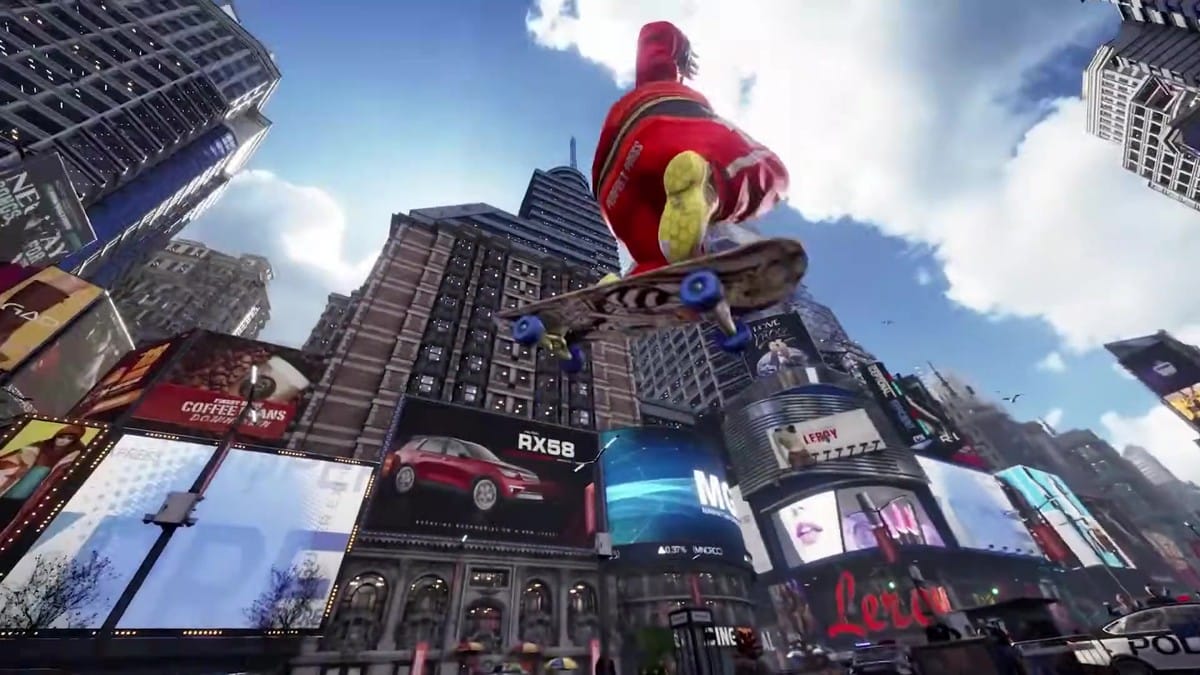 Bob performing a high-flying skateboard trick in a Times Square-inspired stage