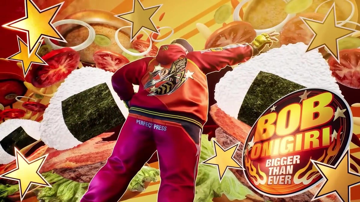 Bob striking a pose with his new Onigiri outfit against a food-themed background