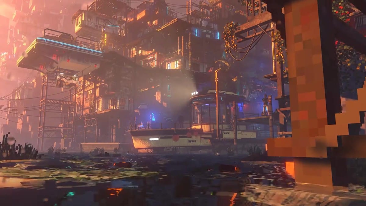 First-person perspective of the player character fishing in the neon-lit waters of the city docks.