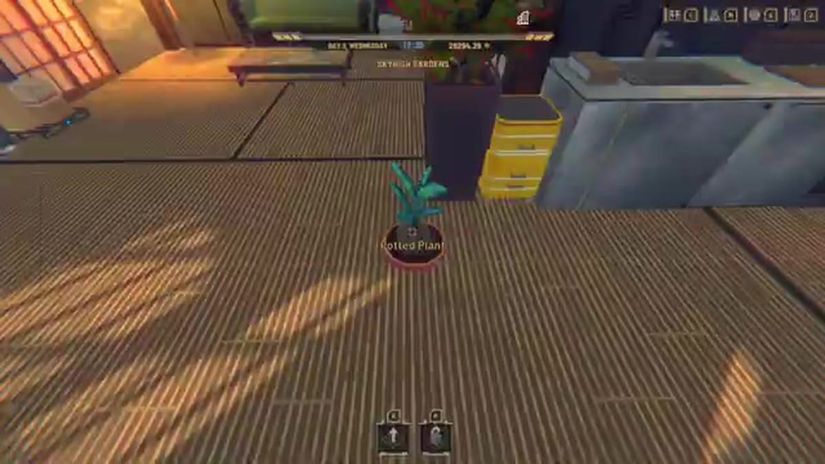 The player character using a placement tool to decorate their apartment with a potted plant.