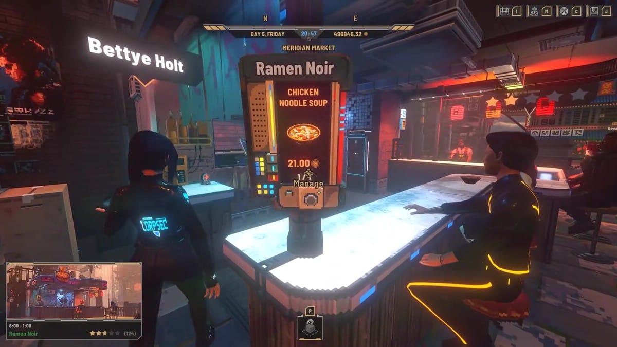A management UI for the 'Ramen Noir' noodle bar, showing staff slots, menu items, and pricing.