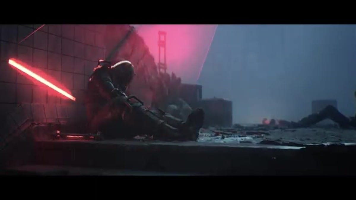 Red-eyed drone scanning a ruined cityscape