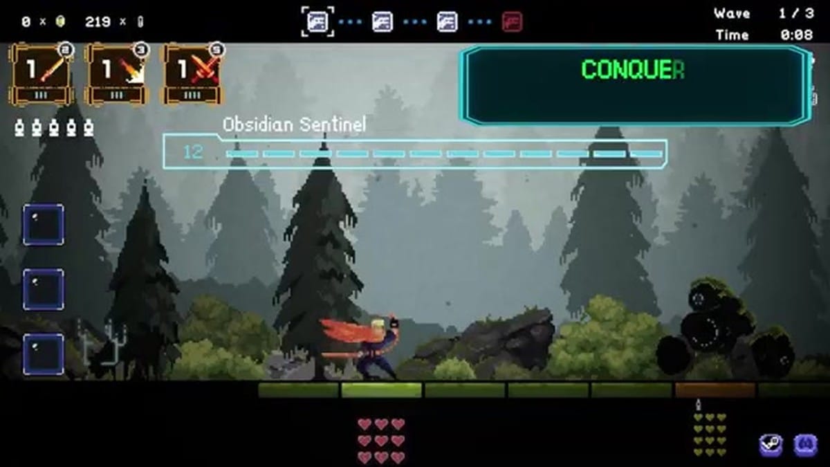 The player character facing off against a large boss named Obsidian Sentinel