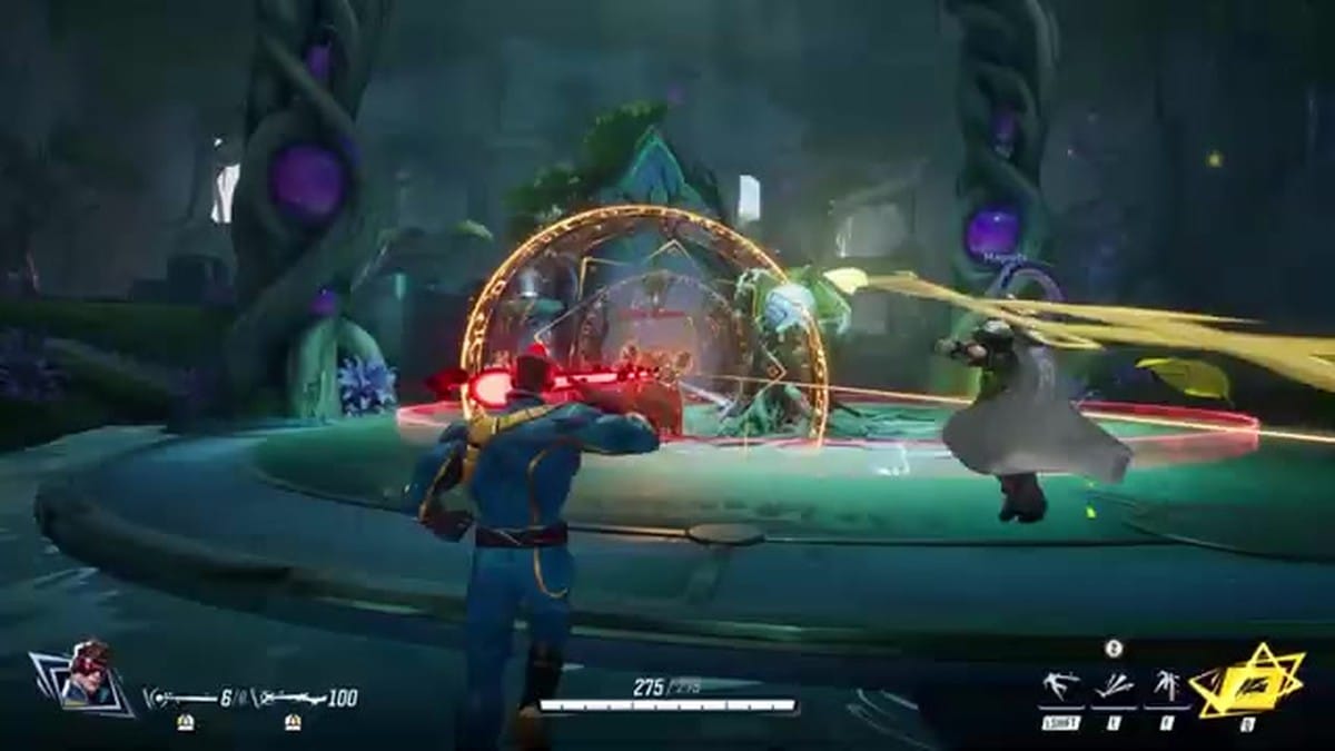 Cyclops performing a mid-air optic blast against enemies in a vibrant, stylized arena.