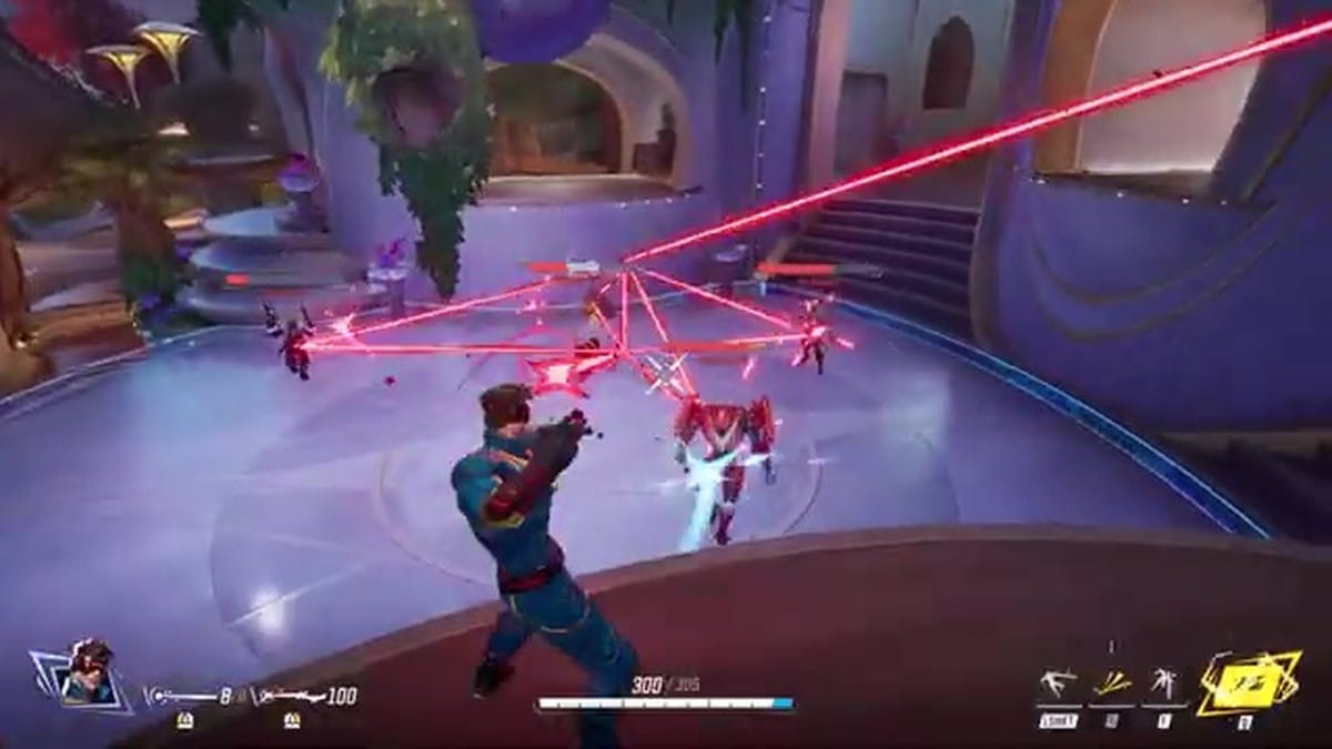 A visual of a multi-target laser ability creating a web of red beams across the screen.