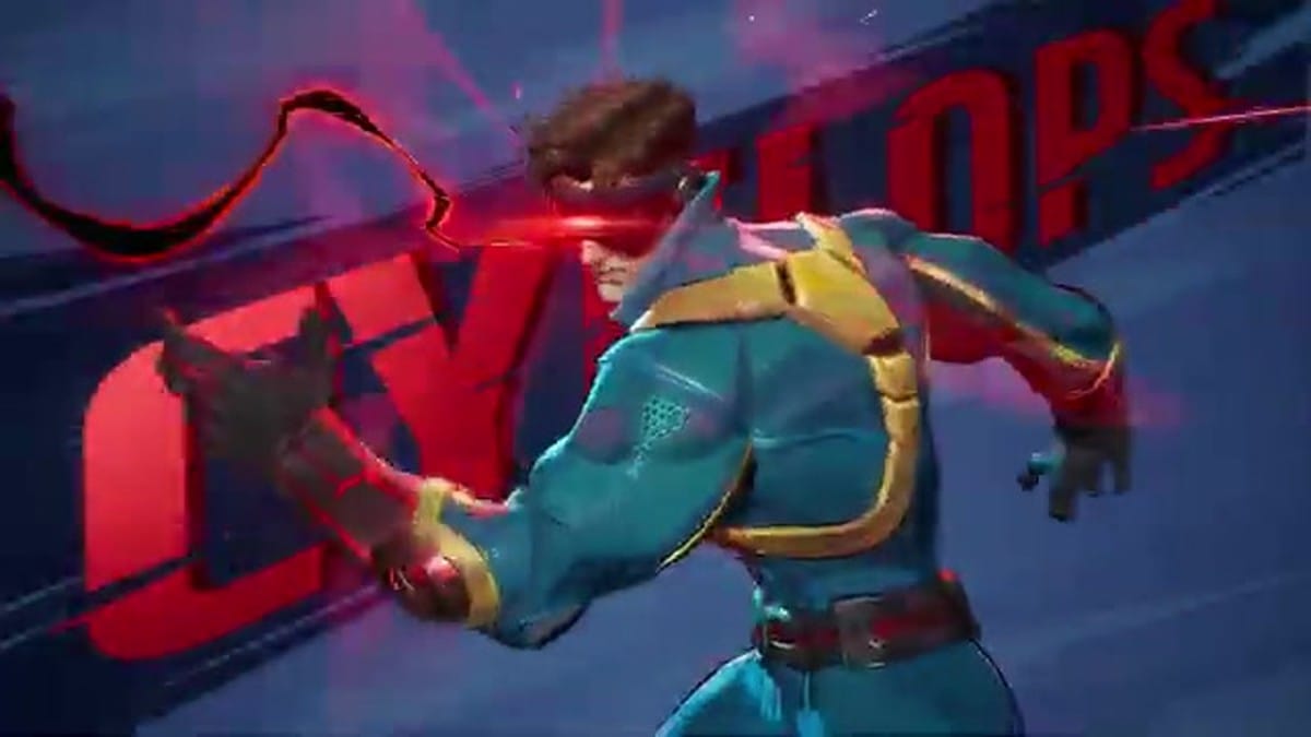 A cinematic close-up of Cyclops with his visor glowing intensely red.