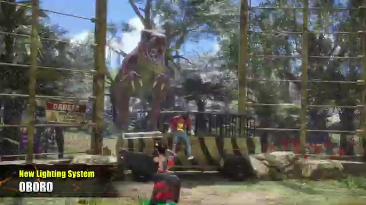 A T-Rex stage hazard interacting with a fighter, highlighting the new lighting system