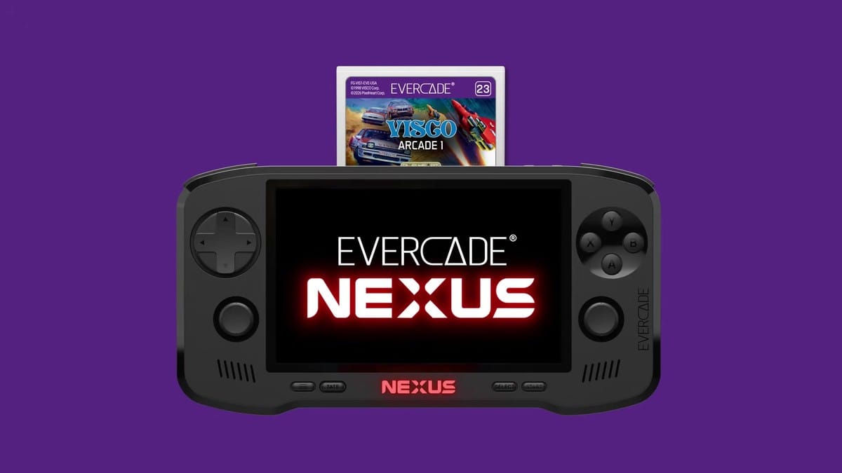 A Visco Arcade 1 cartridge being inserted into an Evercade handheld device.