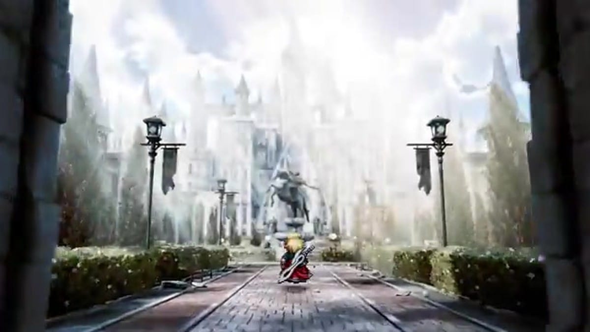 A wide shot of a sprawling castle and town rendered in the HD-2D art style.