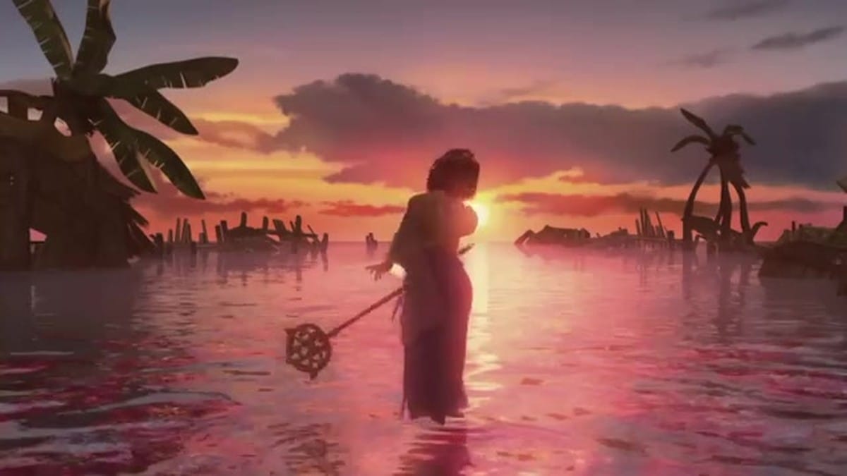 Yuna performing the Sending ritual on the water in Kilika