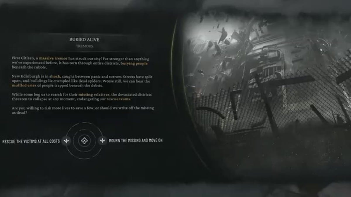 A UI screen titled 'BURIED ALIVE' presenting a choice between rescuing victims or mourning and moving on.