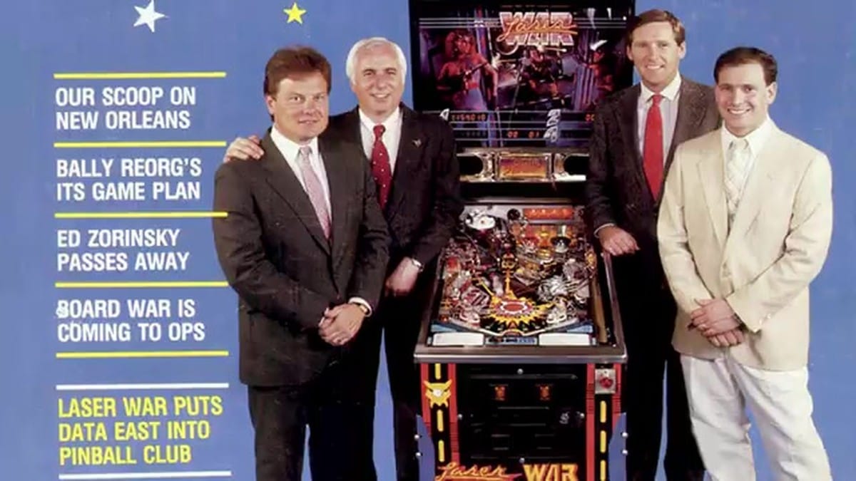 A close-up of the original Data East 'Pinball Capital of the World' logo on a machine.