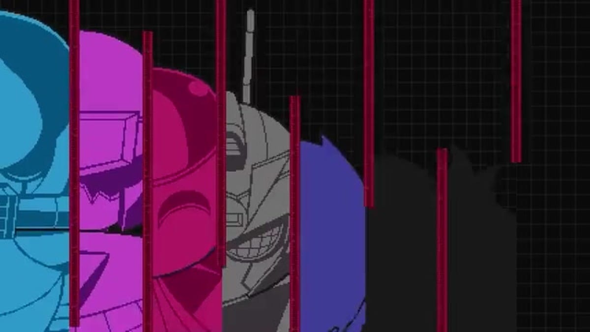 A stylized split-screen montage showing the various 'Circuit' bosses or main characters.