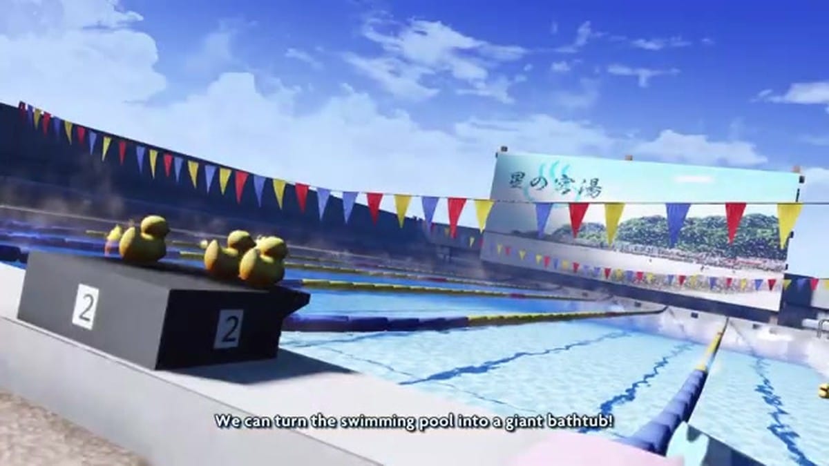 The school swimming pool transformed into an outdoor bath with rubber ducks