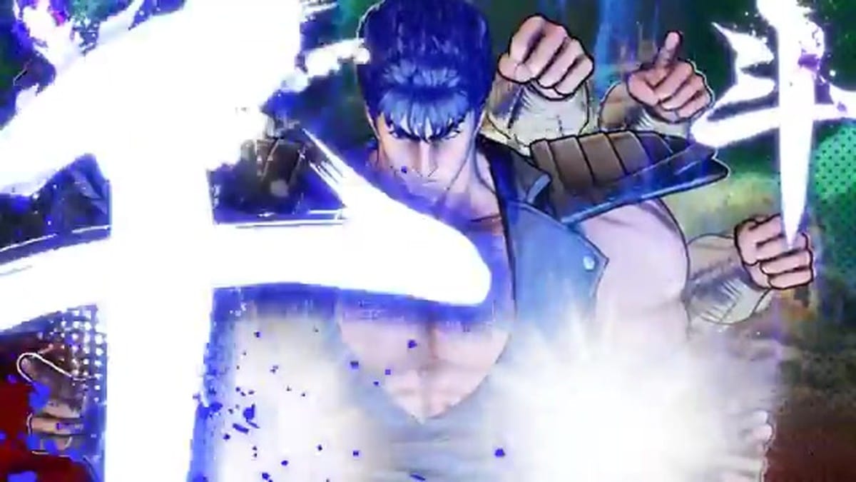 Kenshiro performing his Hokuto Hundred-Fist Rush with stylized Japanese calligraphy
