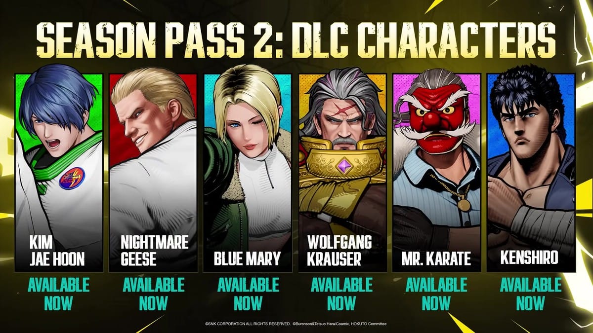 The Season Pass 2 character select screen showing all six DLC fighters.