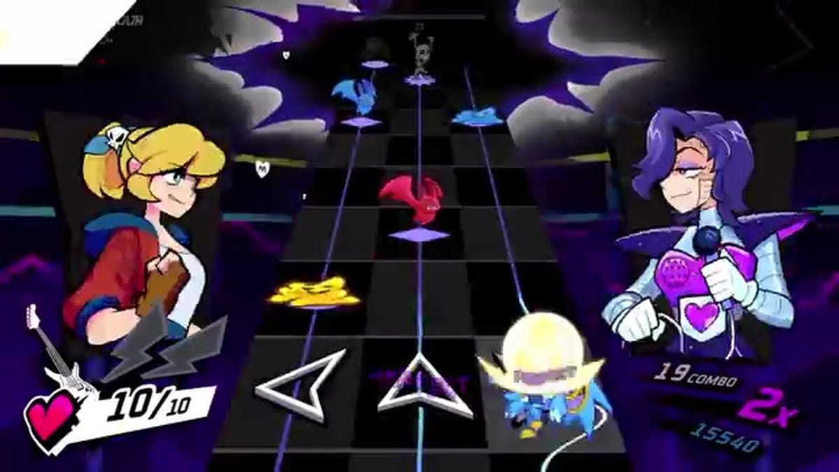 A rhythm-based combat scene from Rift of the Necrodancer featuring Cadence and a new rival.