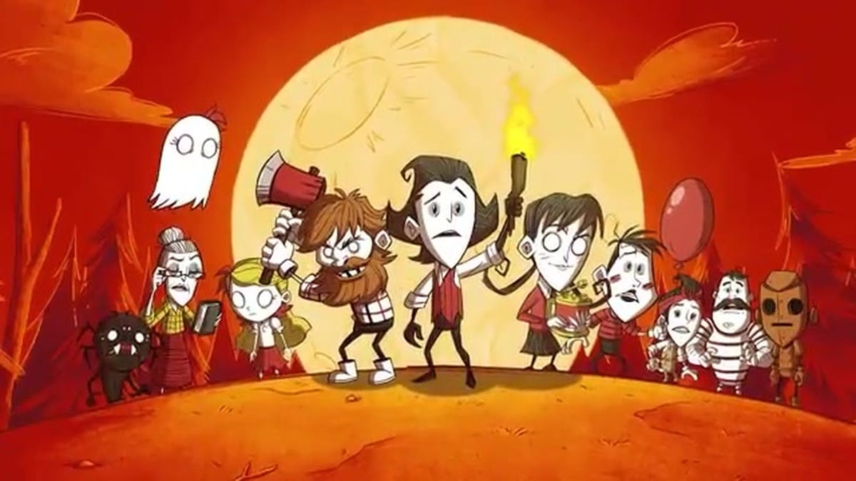 A large group of characters from the Don't Starve universe standing together under a full moon.