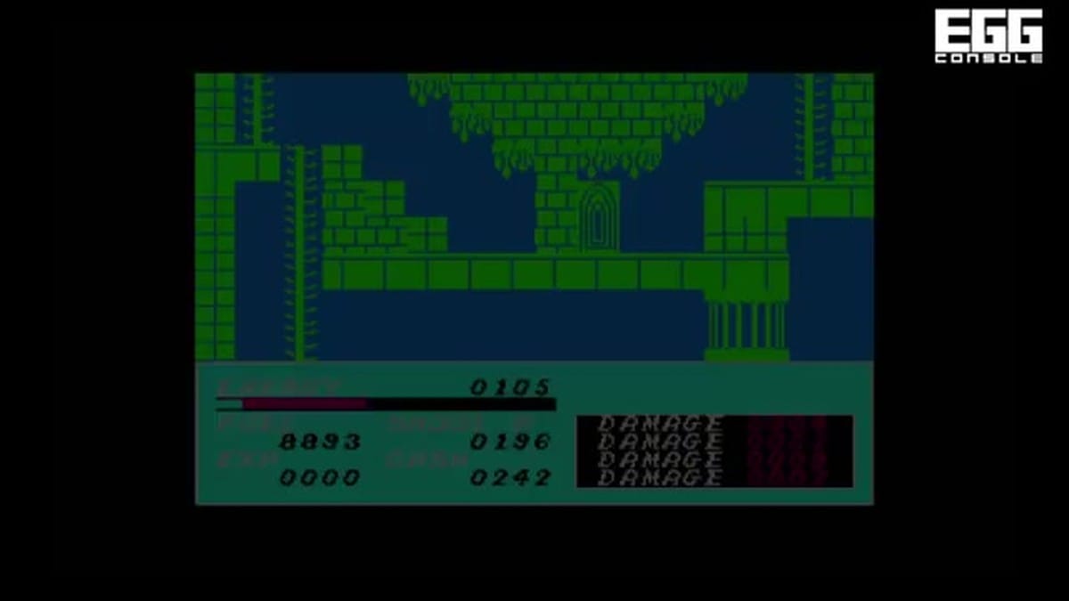 A platforming segment where the player character navigates a green, brick-filled environment.