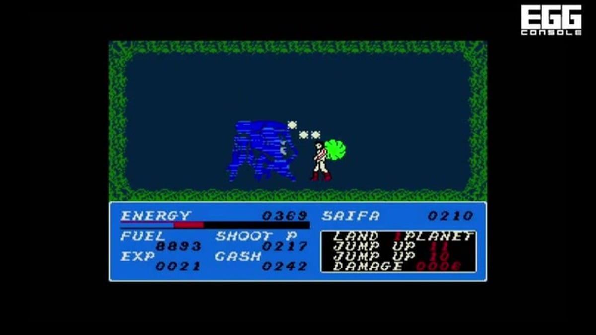 Combat against a large, blue mechanical boss-like enemy.