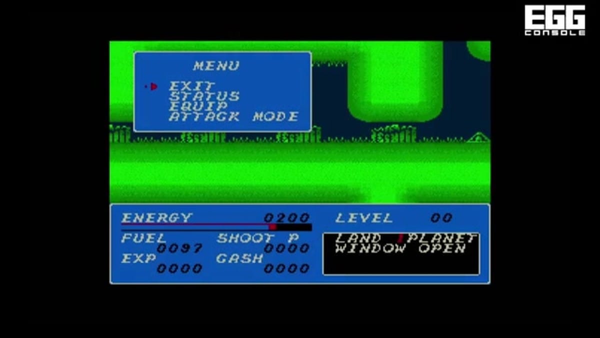 The game's menu and status screen overlaying side-scrolling gameplay.