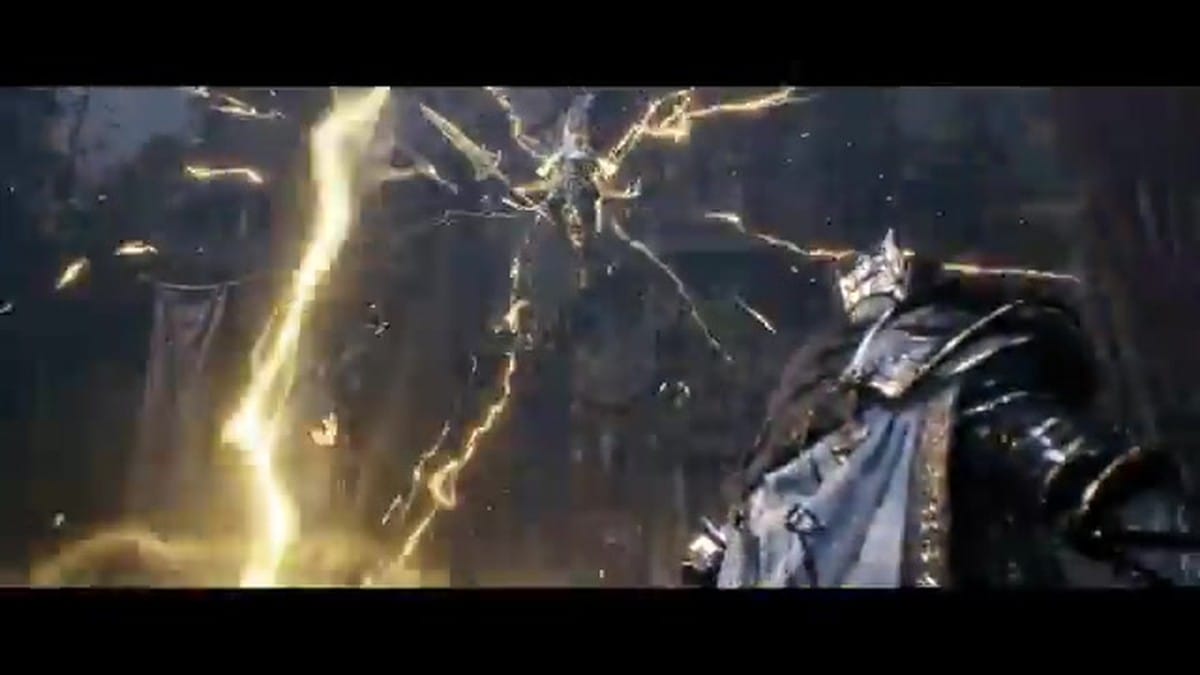 A dramatic shot of an enemy suspended in the air, striking the ground with massive bolts of golden lightning.