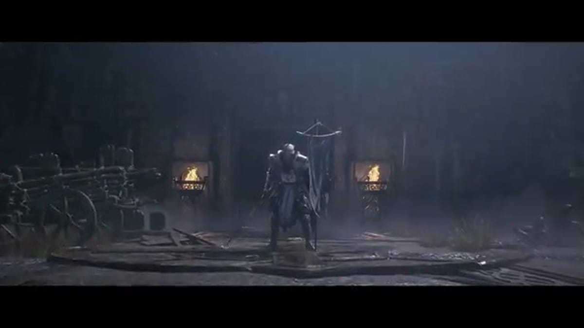 The Withered Knight stands alone in a dark, rainy courtyard surrounded by torches.