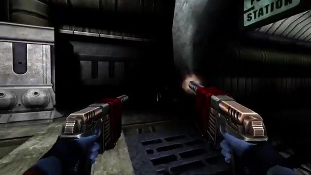 Fast-paced dual-wielding gameplay in a subway station environment.