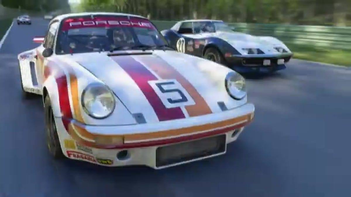 A 1974 Porsche 911 Carrera RSR 3.0 leading a pack of 1970s GT cars.