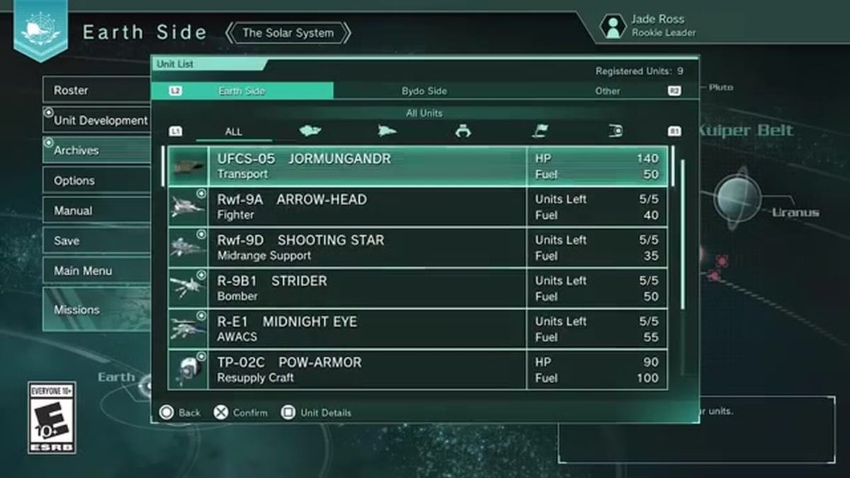 00.667:The 'Earth Side' unit list menu showing craft like the Jormungandr transport