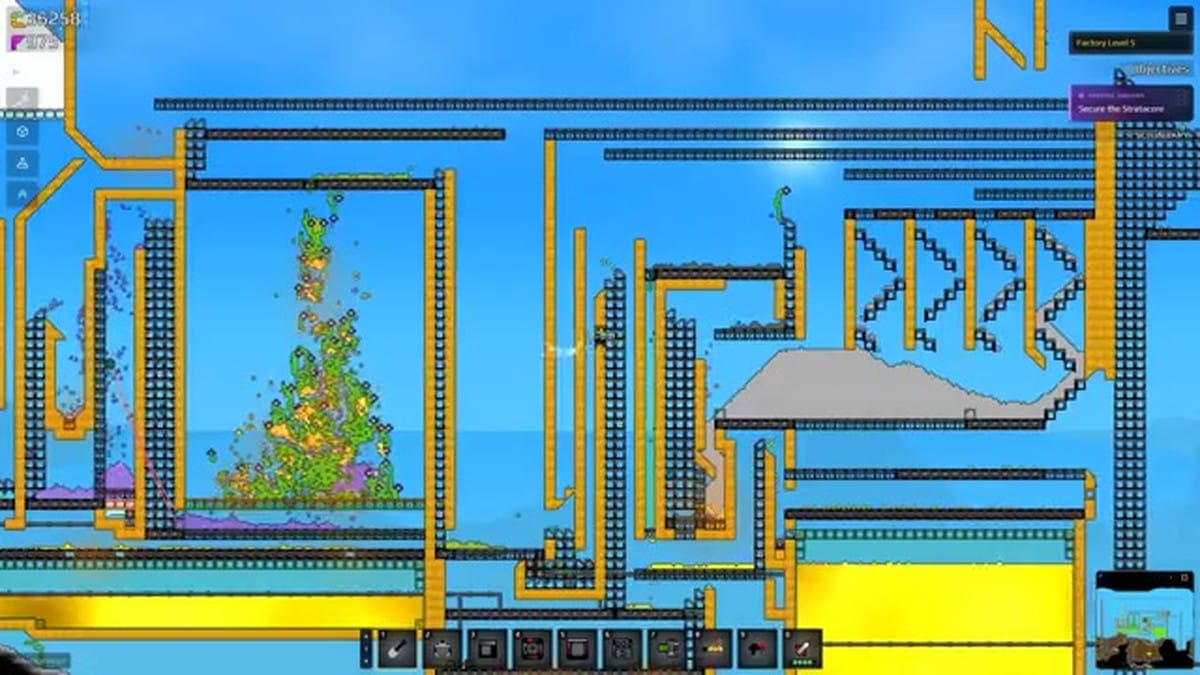 A complex, multi-layered factory setup with various pipes, conveyors, and falling sand particles.
