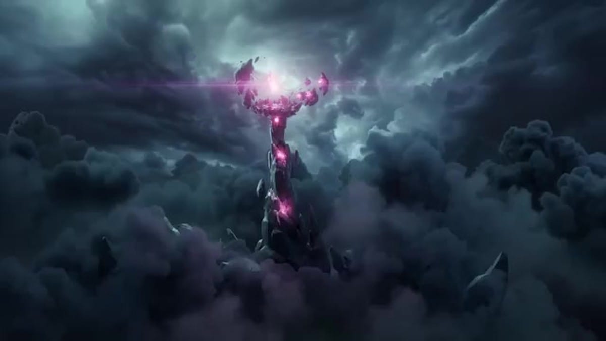 A menacing dark tower floating amidst storm clouds and lightning.