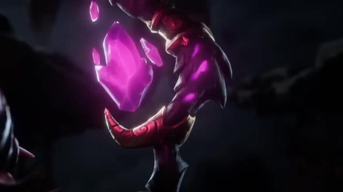 A close-up of a dark, purple crystalline staff pulsing with energy.