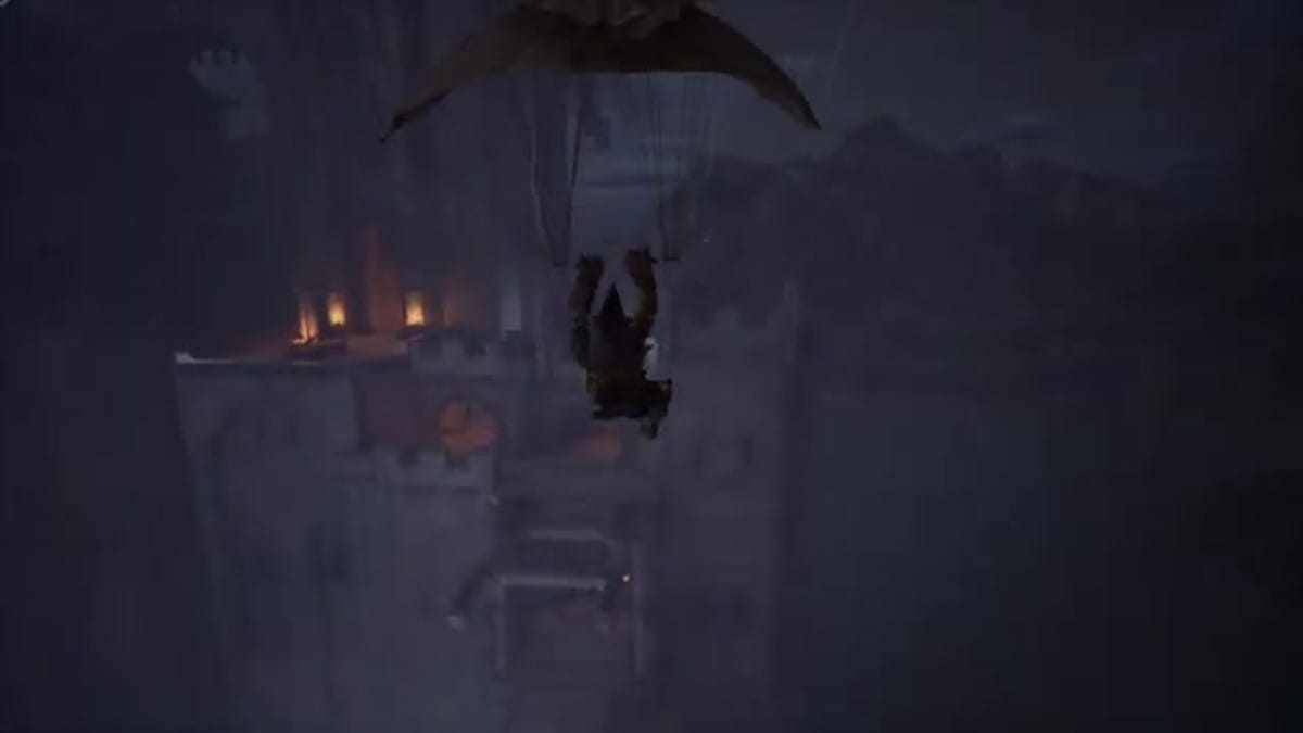 Styx gliding through the air using a makeshift paraglider over a massive stone fortress.
