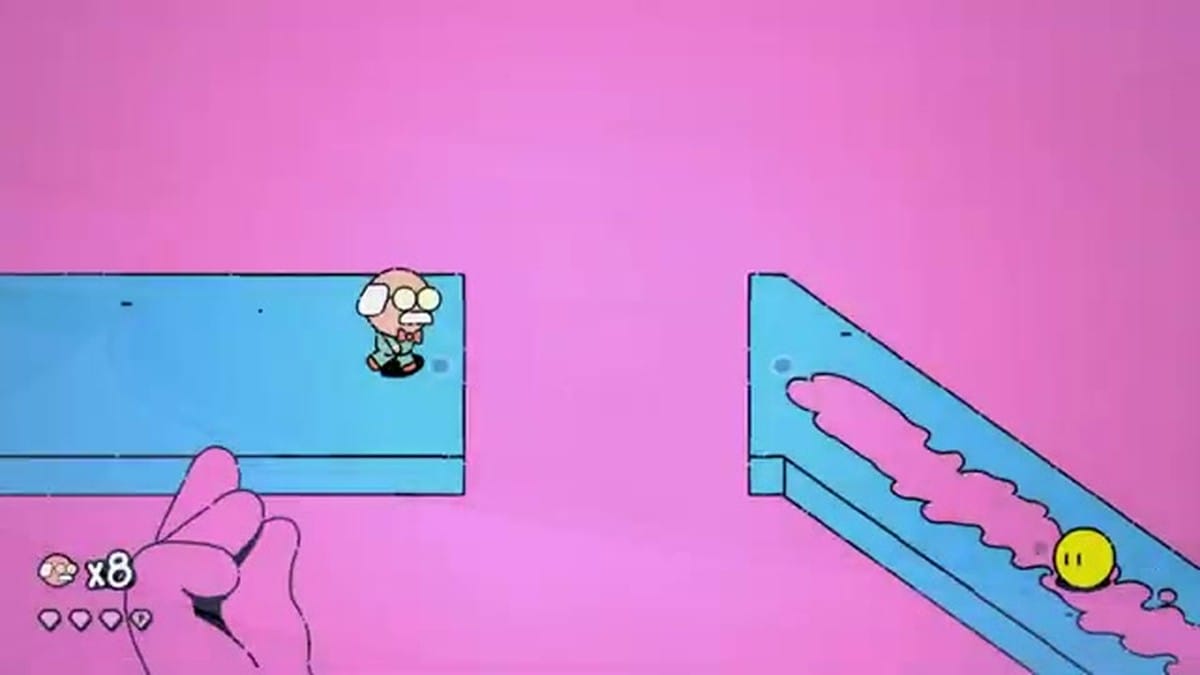 George navigating a rhythmic platforming level with pink slime and yellow notes.