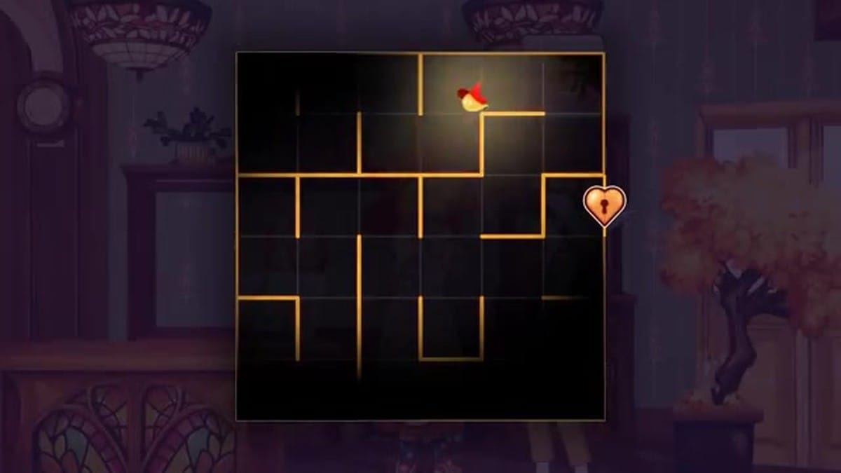 A grid-based puzzle mini-game where a small witch icon navigates a path to a heart.