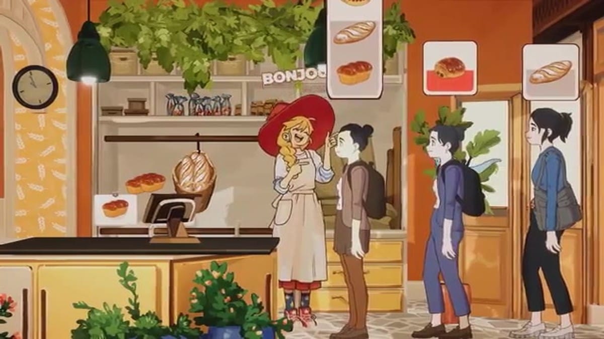 Lunne serving a line of customers in her bakery with order bubbles above their heads.
