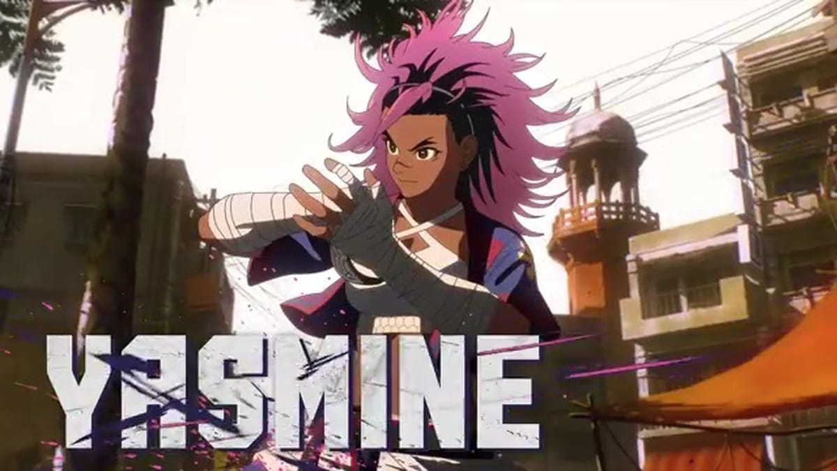The title card reveal for Yasmine, showing her dual-blade combat style.