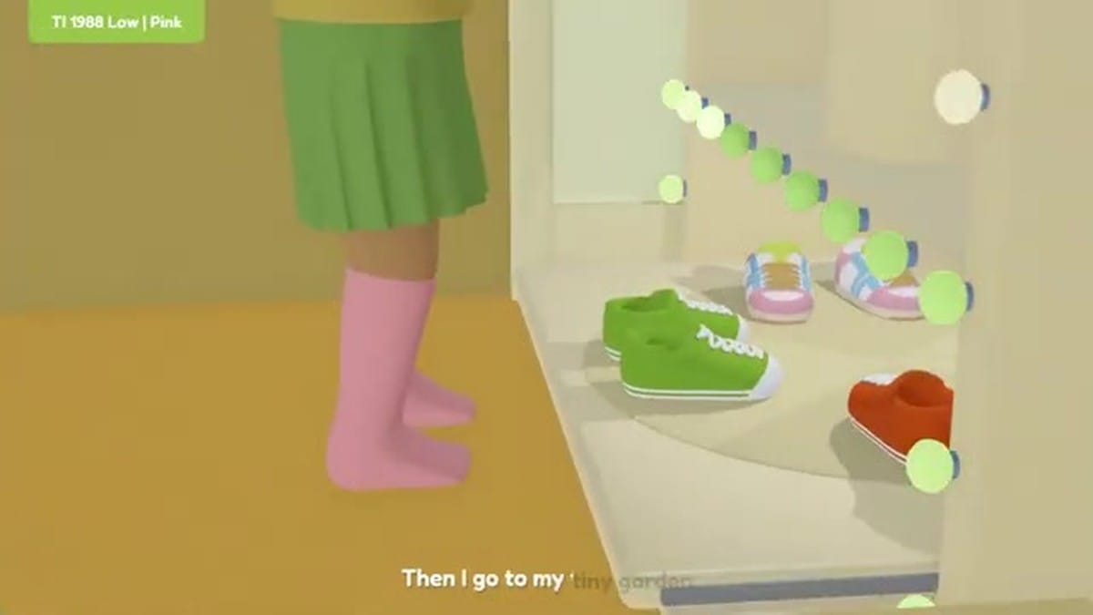 A character in a T-pose interacting with a wardrobe to put on colorful sneakers.