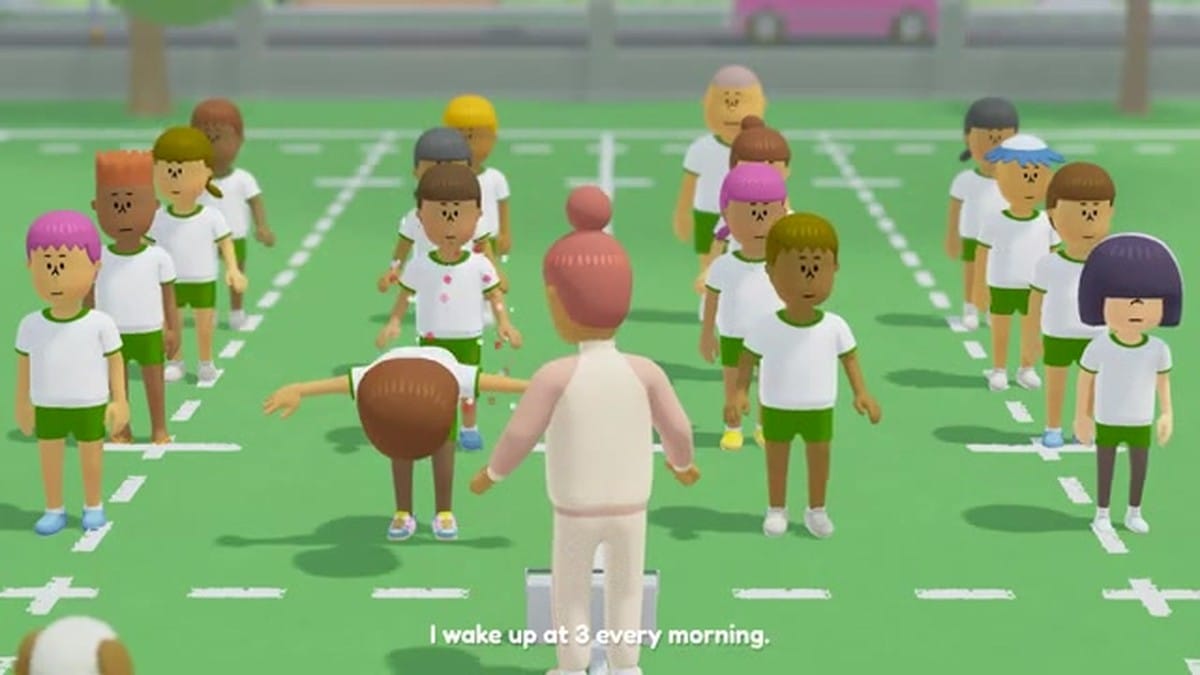 A character unicycling with arms outstretched in a T-pose while a small white dog runs alongside.