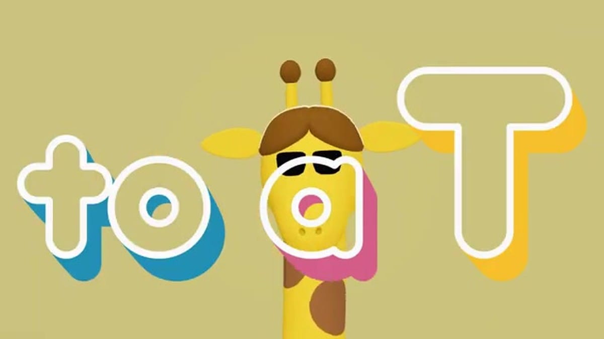 A giraffe character wearing sunglasses, a bowtie, and a vest posing in a T-pose with a drink.