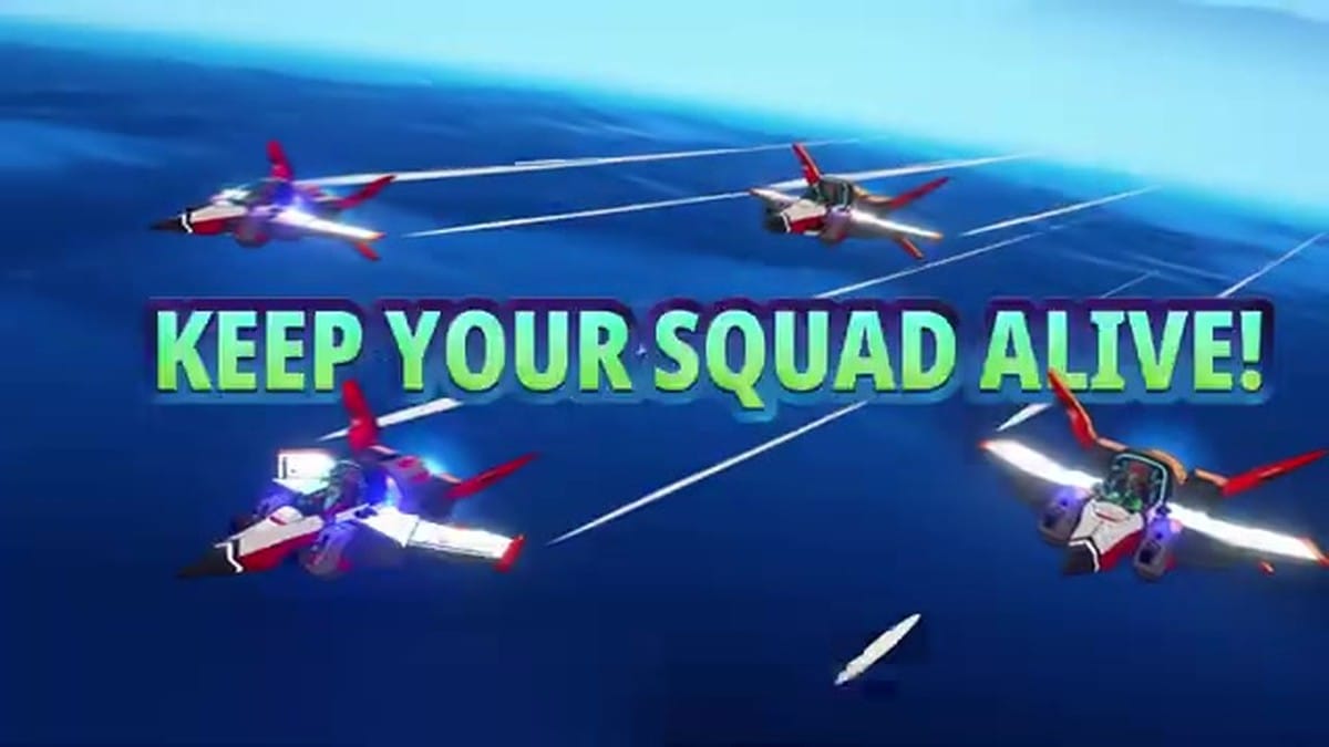 A shot of the four-member squad flying in formation over the ocean with the text 'KEEP YOUR SQUAD ALIVE!'.