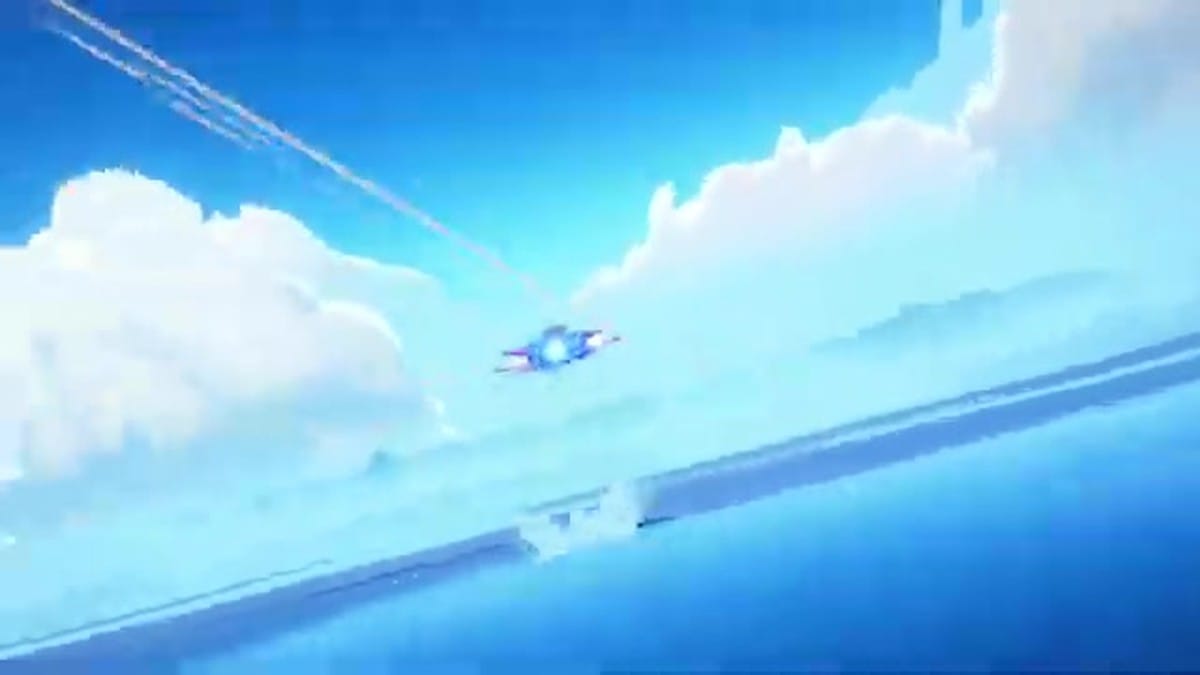 Gameplay footage showing the jet flying through a colorful coastal city with the HUD visible.