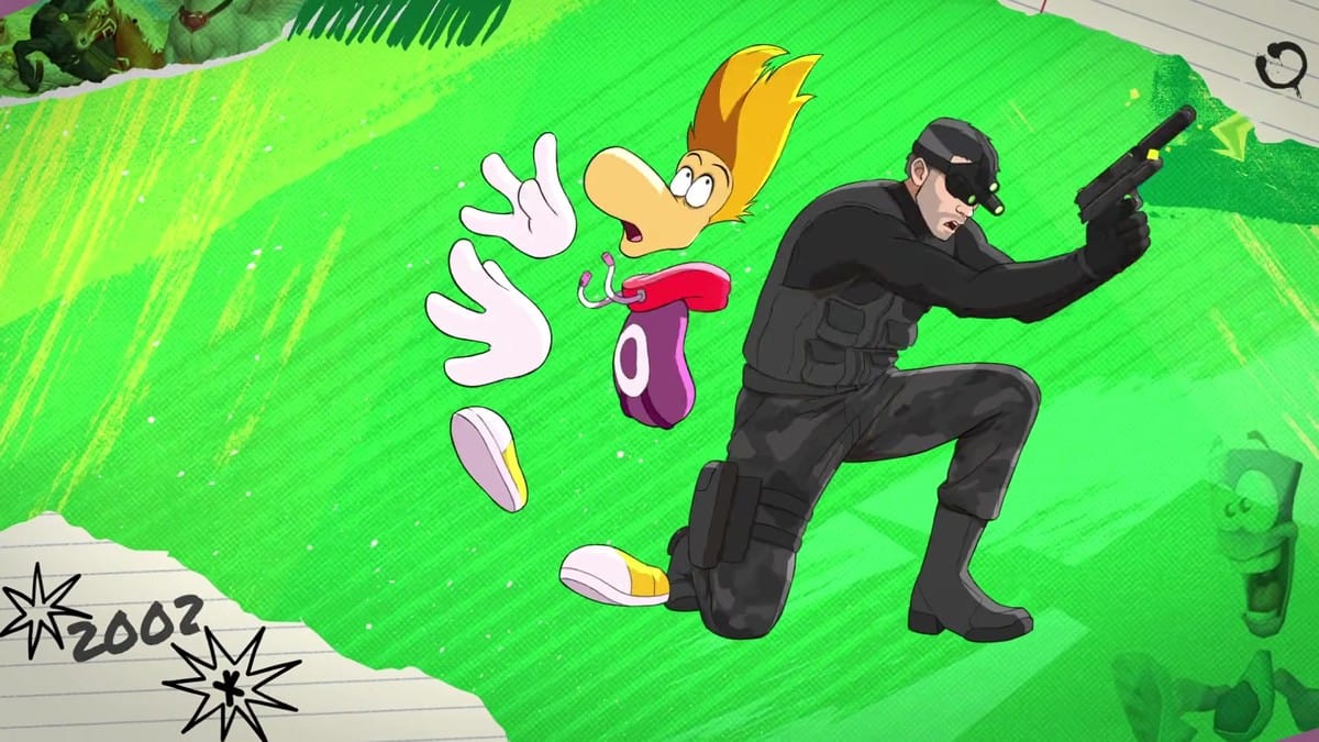Sam Fisher from Splinter Cell appearing in a tactical pose next to a cartoonish Rayman.